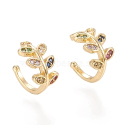 Brass Micro Pave Cubic Zirconia Cuff Earrings, Leaf, Colorful, Real 18K Gold Plated, 10x1.5~7.5mm(EJEW-M195-06M)