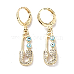Real 18K Gold Plated Brass Dangle Leverback Earrings, with Enamel and Cubic Zirconia, Safety Pin with Evil Eye, Light Blue, 36.5x8mm(EJEW-L269-016G-02)