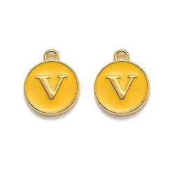 Golden Plated Alloy Enamel Charms, Enamelled Sequins, Flat Round with Alphabet, Letter.V, Yellow, 14x12x2mm, Hole: 1.5mm(X-ENAM-Q437-13V)