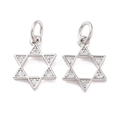 Brass Micro Pave Clear Cubic Zirconia Charms, with Jump Ring, Cadmium Free & Lead Free, Star of David, Platinum, 12.5x9x1mm, Hole: 3mm(KK-G418-01P)