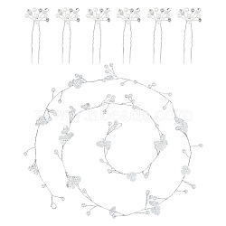 1Pc Wedding Bridal Flower Pearl Headband, Iron Wire for Women Girl, with 1Pc Bridal Crystal Rhinestone Pearl Hair Forks, Platinum, 1000x27x7mm(OHAR-GO0001-07)