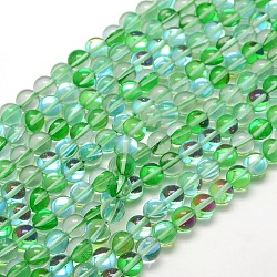 Synthetic Moonstone Beads Strands, Dyed, Holographic Beads, Half AB Color Plated, Round, Spring Green, 10mm, Hole: 1mm, about 40pcs/strand, 15 inch(G-F143-10mm-04)