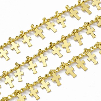 Handmade Brass Curb Chains, with Cross  Charms, Soldered, with Spool, Real 18K Gold Plated, Link: 3x2x0.7mm