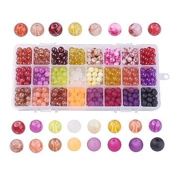 Mixed Style Glass Beads, Round, Mixed Color, 8mm, Hole: 1~1.6mm, about 30pcs/compartment, about 720pcs/box, Packaging Box: 21.8x11x3cm