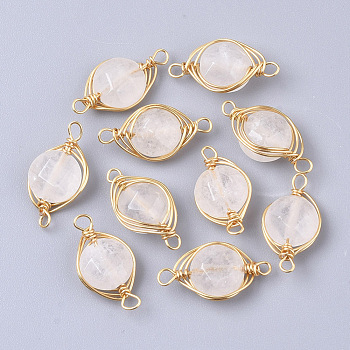 Natural Quartz Crystal Links Connectors, Rock Crystal, Wire Wrapped Links, with Golden Tone Brass Wires, Faceted, Flat Round, 17~21x9~11x5~7mm, Hole: 1.2~1.5mm
