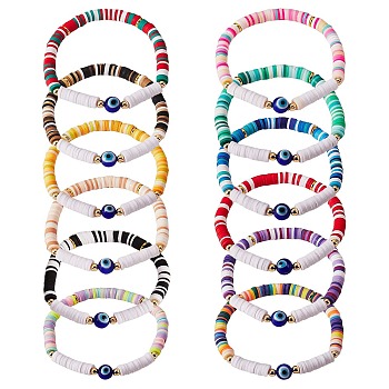 12Pcs 12 Colors Handmade Polymer Clay Heisih Beaded Stretch Bracelets Set with Evil Eye, Lucky Preppy Bracelets for Women, Mixed Color, Inner Diameter: 2-1/8 inch(5.5cm)
