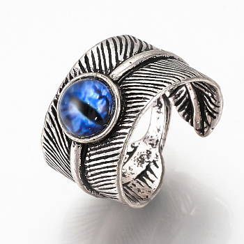 Adjustable Alloy Cuff Finger Rings, with Glass Findings, Wide Band Rings, Feather with Dragon Eye, Blue, Size 9, 19mm