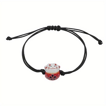 Porcelain Braided Bead Bracelets, Adjustable Waxed Cord Bracelets for Women, Cat Shape, Cat: 14.5x14mm