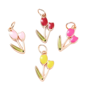 Brass Pendants, with Enamel, Lead Free & Cadmium Free, Rose Gold, Tulip, Mixed Color, 19x11x2mm