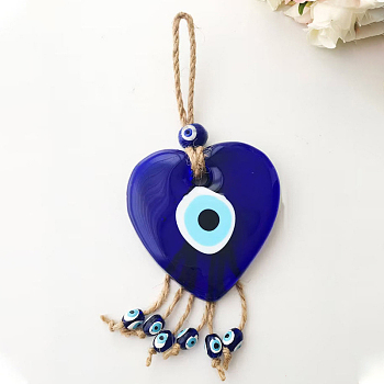 Heart with Evil Eye Glass Pendant Decorations, Tassel Hemp Rope Hanging Ornament, Royal Blue, 220x80mm