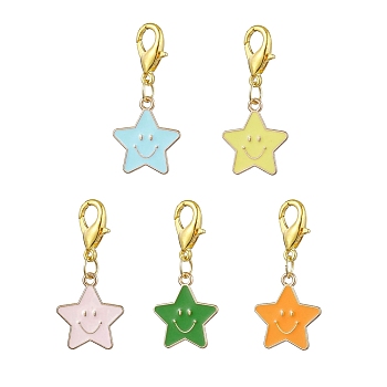 Star with Smiling Face Alloy Enamel Pendant Decooration, Zinc Alloy Lobster Claw Clasps Charms for Bag Ornaments, Golden, 38~38.5mm