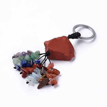 Natural Red Jasper Nugget with Mixed Gemstone Chips Tassel Keychains, with 304 Stainless Steel Ring Clasps, 9~10.5cm