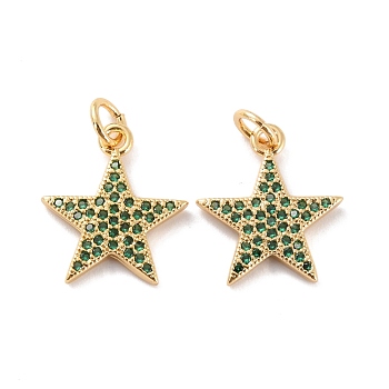 Brass Micro Pave Clear Cubic Zirconia Charms, with Jump Ring, Long-Lasting plated, Real 18K Gold Plated, Star, Dark Green, 16x14x1.5mm, Ring: 5x1mm, Inner Diameter: 3mm