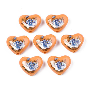 Flower Printed Opaque Acrylic Heart Beads, Sandy Brown, 16x19x8mm, Hole: 2mm