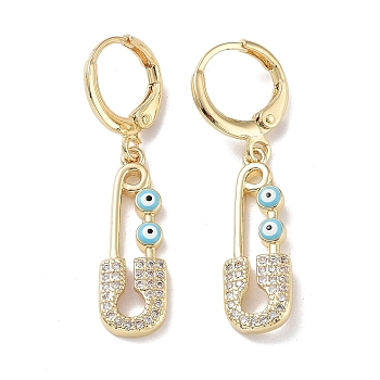 Real 18K Gold Plated Brass Dangle Leverback Earrings, with Enamel and Cubic Zirconia, Safety Pin with Evil Eye, Light Blue, 36.5x8mm