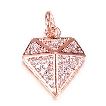 Brass Micro Pave Cubic Zirconia Charms, Diamond, Rose Gold, 14.5x12x4mm, Hole: 3mm