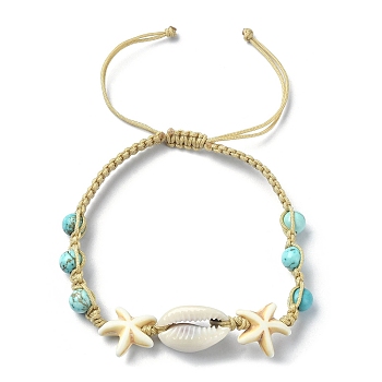 Natural Shell & Synthetic Turquoise Braided Bead Bracelet, Starfish Adjustable Bracelet, Inner Diameter: 2-3/8~4 inch(6~10cm)