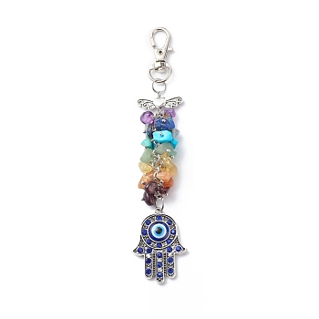 Gemstone Chips Cluster Pendant Decoration, Hamsa Hand with Evil Eye Lobster Clasp Charms, Clip-on Charms, for Keychain, Purse, Backpack Ornament, 135mm