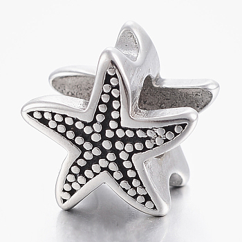 304 Stainless Steel European Beads, Large Hole Beads, Starfish/Sea Stars, Antique Silver, 11x12x8.5mm, Hole: 5mm