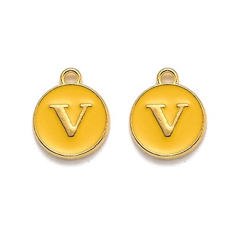 Golden Plated Alloy Enamel Charms, Enamelled Sequins, Flat Round with Alphabet, Letter.V, Yellow, 14x12x2mm, Hole: 1.5mm