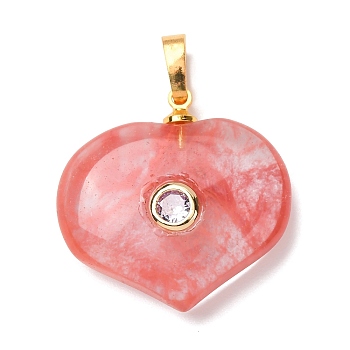 Cherry Quartz Glass Pendants, Heart Charms with Brass Micro Pave Cubic Zirconia Findings, Golden, 25.5x25x9mm, Hole: 6.5x4mm