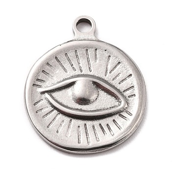 304 Stainless Steel Pendants, Textured, Flat Round with Eye, Stainless Steel Color, 20.5x17x2mm, Hole: 2mm