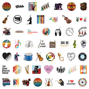 Music Theme PVC Plastic Sticker Labels, Waterproof Decals for Suitcase, Skateboard, Refrigerator, Helmet, Mobile Phone Shell, Musical Instruments Pattern, 30~80mm, 50pcs/set