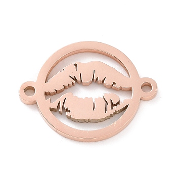 304 Stainless Steel Connector Charms, Hollow Flat Round Links with Lip, Rose Gold, 19.5x15x1.4mm, Hole: 1.3mm