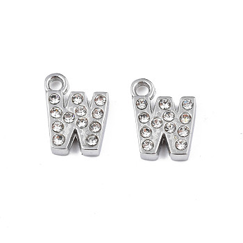 304 Stainless Steel Charms, with Crystal Rhinestone, Letter, Letter.W, 10~10.5x2~8x2mm, Hole: 1.2mm