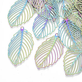 Ion Plating(IP) 201 Stainless Steel Filigree Pendants, Etched Metal Embellishments, Tropical Leaf Charms, Monstera Leaf, Rainbow Color, 37x21x0.3mm, Hole: 1.6mm