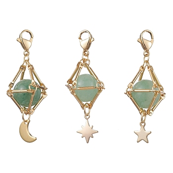 Natural Green Aventurine Brass Pendant Decorations, Diamond with Star & Moon, 48~52mm, 3pcs/set