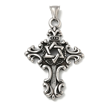 316 Surgical Stainless Steel Pendants, Cross with Star of David, Antique Silver, 52x38x7mm, Hole: 4x8mm