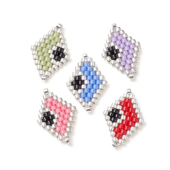 Handmade Loom Pattern Seed Beads, Rhombus with Evil Eye Charms, Mixed Color, 18x11.5x1.5mm, Hole: 0.8mm