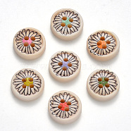 2-Hole Wooden Buttons, Single-Sided Printed, Flat Round with Flower, Mixed Color, 15x4mm, Hole: 2mm(BUTT-N016-07)