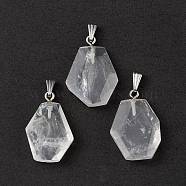 Natural Quartz Crystal Pendants, Rock Crystal Pendants, Faceted Polygon Charms, with Stainless Steel Color Plated 201 Stainless Steel Snap on Bails, 21~29x16~23x6~8mm, Hole: 2x7mm(G-F739-03P-04)