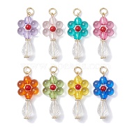 Acrylic Pendants, with Natural Mashan Jade and 304 Stainless Steel Jump Rings, Flower Charms, Mixed Color, 34.5x15.5x7.5mm, Hole: 4mm(PALLOY-JF02611)