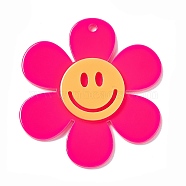 Opaque Acrylic Big Pendants, Sunflower with Smiling Face Charm, Deep Pink, 55x50.5x5mm, Hole: 2.5mm(OACR-P012-B05)