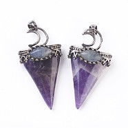 Natural Amethyst Big Pendants, with Brass Findings, Triangle, Antique Silver, 53~58x28~29x16~18mm, Hole: 5x7mm(G-F639-06B)