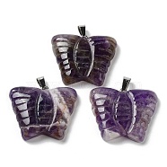 Natural Amethyst Carved Pendants, Butterfly Charms with Platinum Plated Brass Snap on Bails, 30x35.5x7mm, Hole: 7x4.5mm(G-B067-01B)