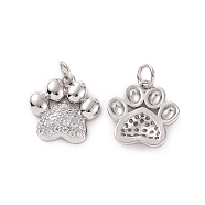 Rack Plating Brass Micro Pave Cubic Zirconia Charms, with Jump Ring, Long-Lasting Plated, Cadmium Free & Lead Free, Dog's Paw Print Charm, Platinum, 15x14.5x3mm, Hole: 3mm(X-KK-C008-36P)
