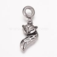 304 Stainless Steel European Dangle Charms, Large Hole Pendants, Fox, Antique Silver, 32.5mm, Hole: 5mm, Pendant: 22.5x13x3mm(OPDL-K001-17AS)