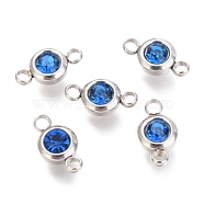 304 Stainless Steel Rhinestone Links Connectors, Flat Round, Stainless Steel Color, Sapphire, 12x6.5x4mm, Hole: 2mm(STAS-P237-17P-01)