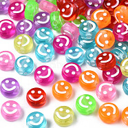 Transparent Acrylic Beads, Flat Round with Enamel Smiling Face, Mixed Color, 7x4mm, Hole: 1.6mm, about 415pcs/50g(X-TACR-S135-001A-01)