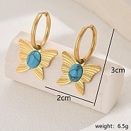 Stainless Steel & Synthetic Turquoise Butterfly Pendant Hoop Earrings for Women, Golden, 30x20mm(IV9966)