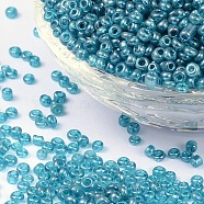 (Repacking Service Available) Glass Seed Beads, Trans. Colours Lustered, Round, LiGoht Cyan, 8/0, 3mm, Hole: 1mm, about 12G/bag(SEED-C015-3mm-103)