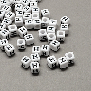 Large Hole Acrylic Letter European Beads, Horizontal Hole, White & Black, Cube with Letter, Letter.H, 8x8x8mm, Hole: 4mm, about 1144pcs/500g(SACR-Q103-8mm-01H)