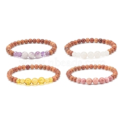 Natural Mixed Gemstone Beaded Stretch Bracelet, Wood Beads Bracelets, Inner Diameter: 2-1/8 inch(5.5cm)(BJEW-JB07731)