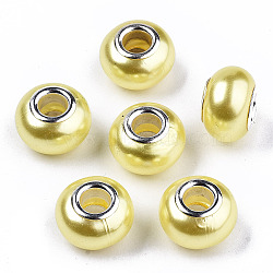 Imitation Pearl Style Resin European Beads, Large Hole Rondelle Beads, with Silver Tone Brass Double Cores, Champagne Yellow, 14x9mm, Hole: 5mm(RPDL-T003-001I)
