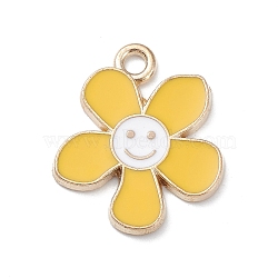 Alloy Enamel Pendants, Light Gold, Flower with Smiling Face Charm, Gold, 21.5x18x1.5mm, Hole: 2mm(ENAM-C012-01C)