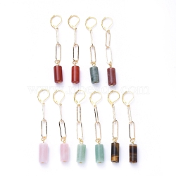 Brass Dangle Leverback Earrings, with Natural Gemstone Pendants and Iron Paperclip Chains, Column, 72mm, Pin: 0.5x0.7mm(EJEW-JE04106)